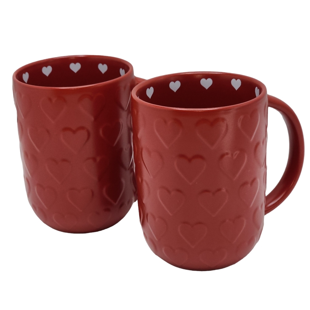 Set of 2 Red Ceramic Coffee Mug With Embossed And Printed Hearts‎ Around